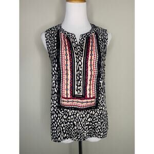 Boho Black Red Embroidered Tank Top Size Medium Preppy